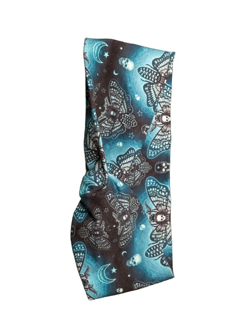 Handmade Blue Deathheads Moth Knotted Stretch Headband